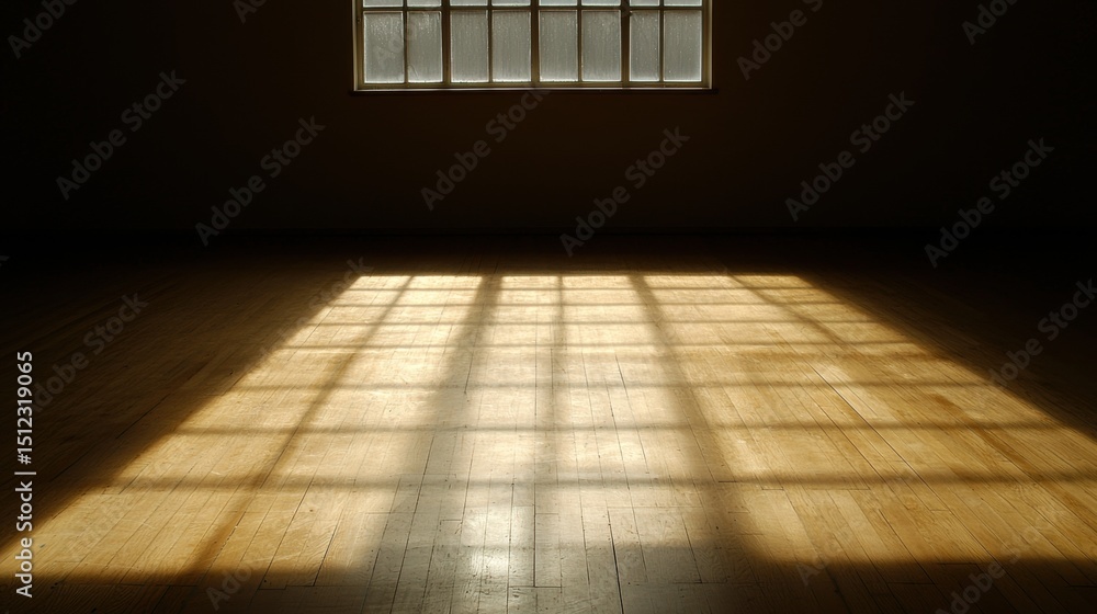 Poster sunlight streaming through a window casting a grid pattern on the wooden floor.
