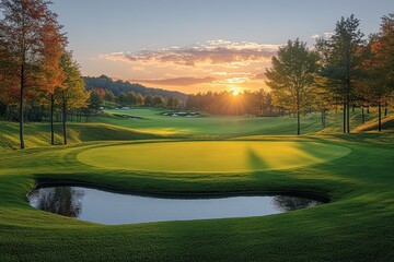 Stunning sunset over a golf course with a serene water feature and lush green landscape in autumn