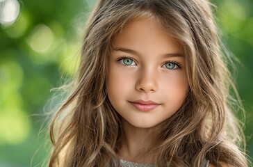 A young girl with long hair, dressed in white and wearing a small smile on her face, is posing for the camera outdoors under bright sunlight