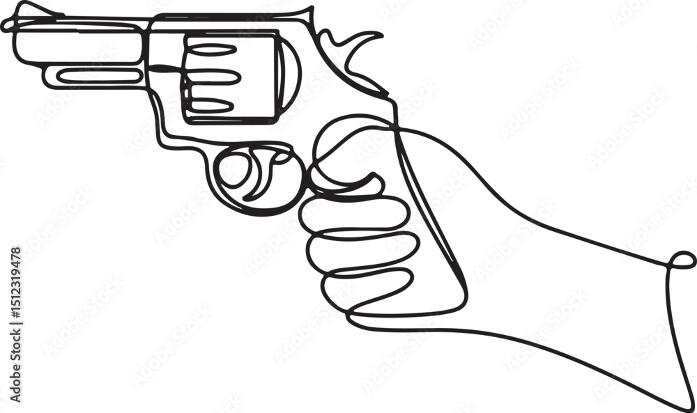 Poster revolver gun drawn in continuous one line art style with minimalist black outline on white backgroun