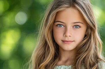 Fototapeta premium A young girl with long hair, dressed in white and wearing a small smile on her face, is posing for the camera outdoors under bright sunlight