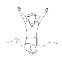 Continuous line drawing of happy kid girl children dancing and jumping. Single one sketch line childhood vector illustration editable stroke