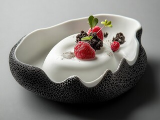 A futuristic fusion dining experience with 3D-printed food served on traditional ceramic tableware