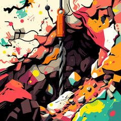 Vibrant abstract drill design breaking through colorful rocky terrain