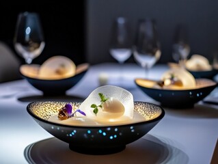 A futuristic fusion dining experience with 3D-printed food served on traditional ceramic tableware