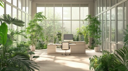 Professional office with open lines of sight, enclosed glass rooms, pale furnishings, and lush plants adding softness