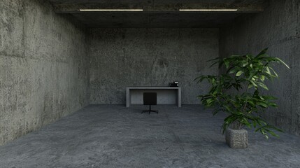 A minimalist room with a concrete floor, gray walls, and a black chair.
