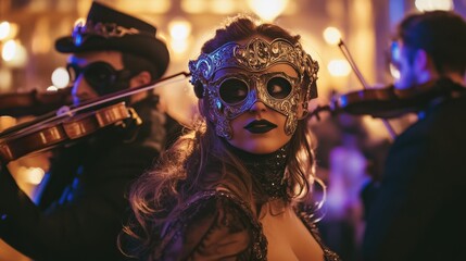A grand steampunk masquerade ball with intricate metal masks, vintage decor, and live violin music