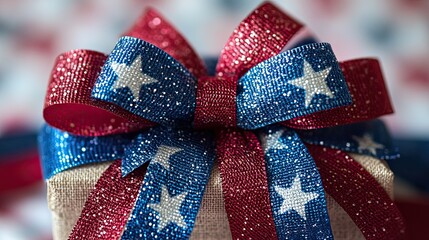 A patriotic present adorned with red white and blue glitter star ribbon celebrating freedom and unity with a blurred