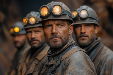 Obraz premium Group of miners wearing helmets standing in front of a dark mining shaft showcasing a moment of camaraderie and determination