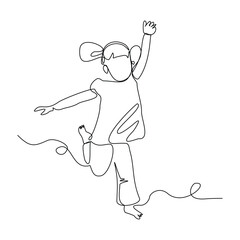 Continuous line drawing of happy kid girl children dancing and jumping. Single one sketch line childhood vector illustration editable stroke