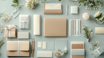 A beautiful neutral stationery set evoking soft elegance and sophisticated charm perfect for branding displays with a