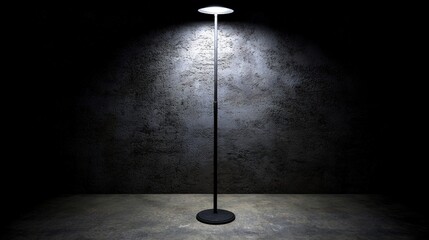 Naklejka premium A black floor lamp with a white light bulb.