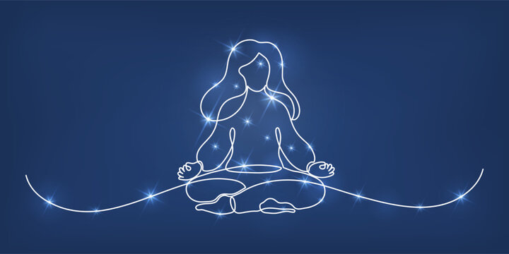 Shining woman meditating in lotus pose. Continuous line drawing on blue background. Yoga, mindfulness, relax concept doodle illustration.