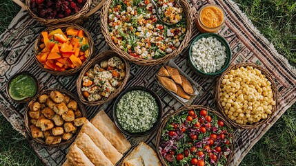 Fototapeta premium A vibrant outdoor picnic feast featuring colorful salads breads and dips ideal for a summer gathering with soft natural