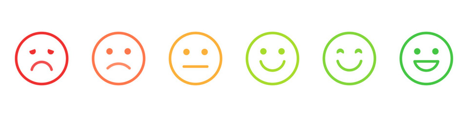 Feedback emoji icons vector. good and bad emoticon signs - Happy and Sad reaction. 6 Color faces, Smiley rating icon set , happy, neutral, sad, emojis. Vector illustration