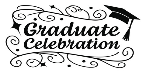 Graduation greeting lettering sign with square academic caps high into the air. Vector design for grad, congratulation ceremony, invitation card, banner. Grads symbol for university, high school 