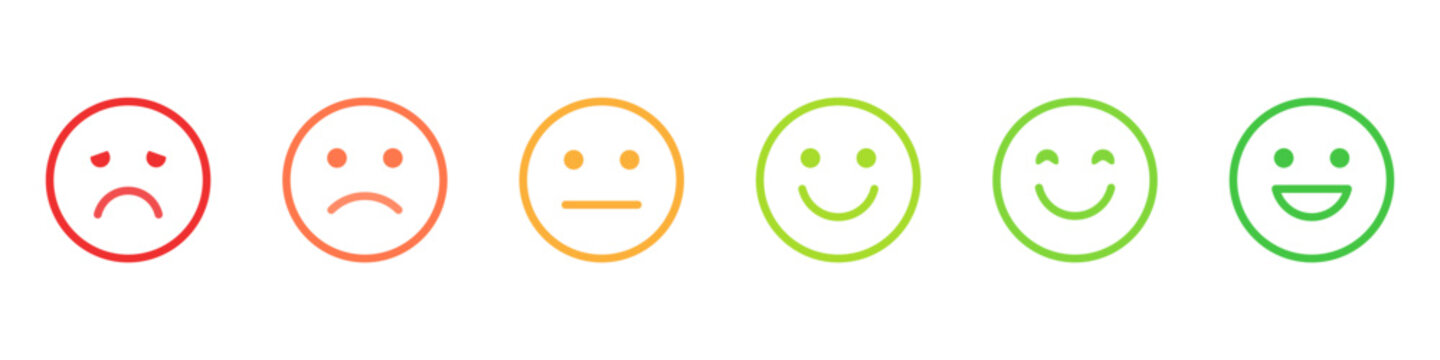 Naklejki Feedback emoji icons vector. good and bad emoticon signs - Happy and Sad reaction. 6 Color faces, Smiley rating icon set , happy, neutral, sad, emojis. Vector illustration