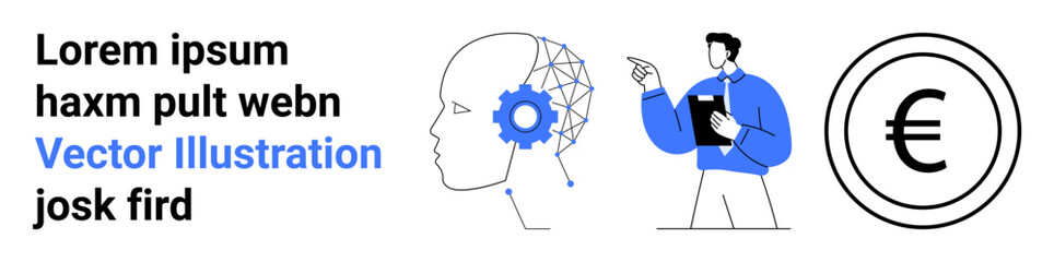 Fototapeta premium Head with a gear symbolizing AI, man pointing and holding a clipboard, and Euro sign in a circle. Ideal for finance, AI, research, education, teamwork, innovation simple landing page
