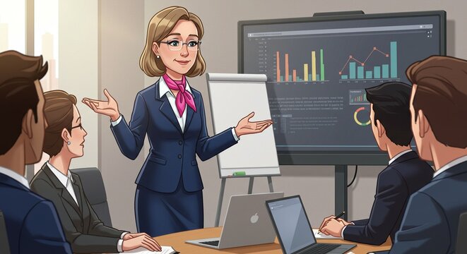 Businesswoman presents data at conference room meeting analyzing graphs with team laptops whiteboard