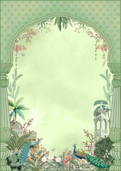 Mughal wedding invitation floral motifs, royal arches, peacocks, and traditional palace architecture a soft green background. © Naeem