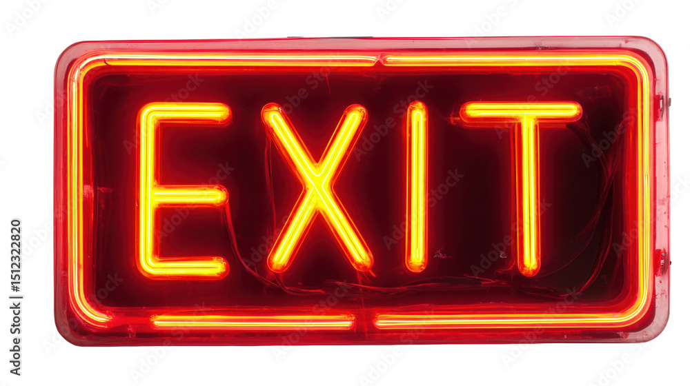 Poster glowing orange neon exit sign on a transparent background, illuminating pathways for emergency egres