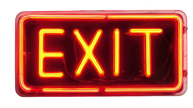 Glowing orange neon exit sign on a transparent background, illuminating pathways for emergency egress while ensuring safety and clear guidance in various public spaces and buildings