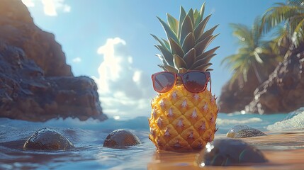 A cool pineapple wearing sunglasses enjoys a tropical beach vacation soaking up the sun in crystal waters with bokeh