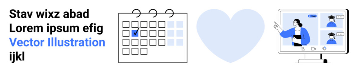 Calendar with marked date, heart shape, and monitor showing a virtual graduation class. Ideal for online learning, education platforms, scheduling, teamwork, virtual meetups, remote work simple