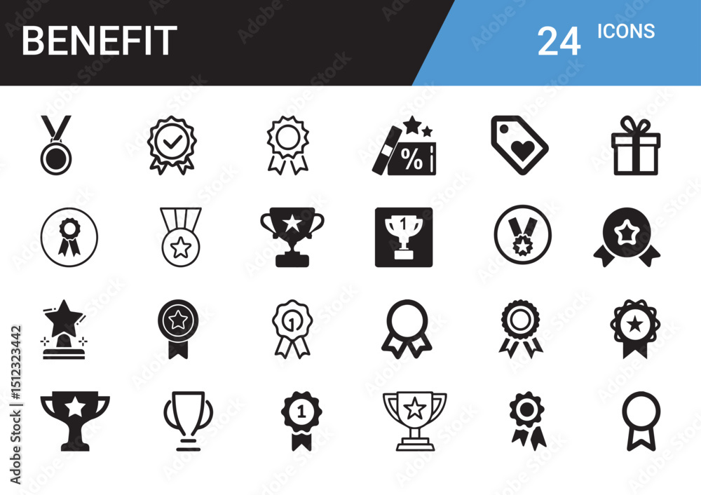 Poster benefit icons: a comprehensive collection of minimalistic icons representing various rewards and ach