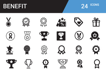 Benefit Icons: A comprehensive collection of minimalistic icons representing various rewards and achievements, perfect for conveying concepts of recognition and incentive.