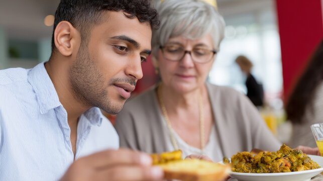 Young man and elderly woman dining together, enjoying authentic indian vegetable curry