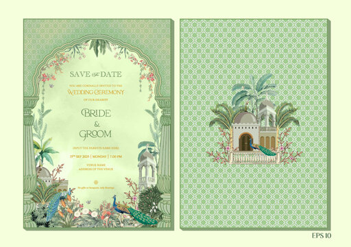 Mughal wedding invitation floral motifs, royal arches, peacocks, and traditional palace architecture a soft green background. Vector Illustration