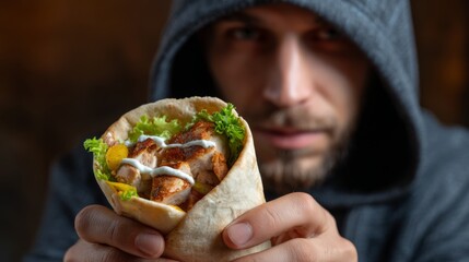 Young man enjoying delicious doner kebab in casual hoodie setting