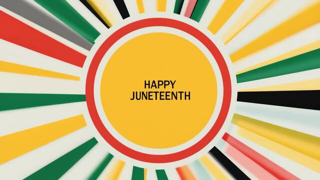 Colorful abstract background with flowing red, yellow, green, and black lines and bold "Happy Juneteenth" text celebrating African American freedom and culture
