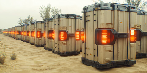 A row of futuristic, industrial-looking containers or capsules in a desert setting; a post-apocalyptic atmosphere; technological infrastructure or energy storage in an arid environment.