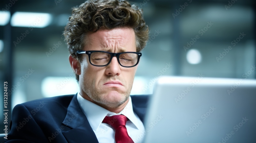 Poster businessman with glasses showing a confused or frustrated expression in an office setting