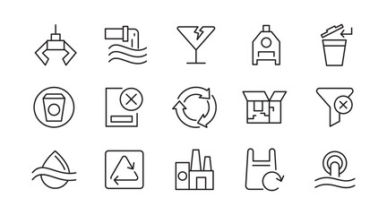 Waste and Recycling line icon set. Eco, save, reduce, reuse, plastic, glass, pollution, dump, refuse, bin, sweep, garbage disposal. trash separation line icon set. Ui thin line icon pack.