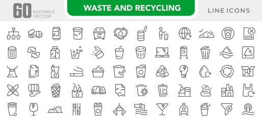 Waste and Recycling line icon set. Eco, save, reduce, reuse, plastic, glass, pollution, dump, refuse, bin, sweep, garbage disposal. trash separation line icon set. Ui thin line icon pack.