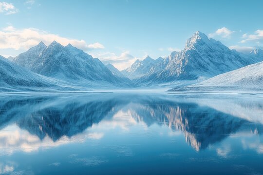 Majestic snow-capped mountains reflected in a tranquil lake during a clear day