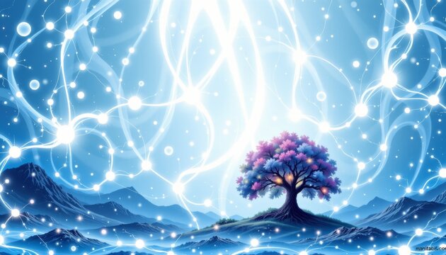 abstract blue fractal background with puter generated 2d illustration, subject positioned at the bottom with ample copy space at the top for photo use.