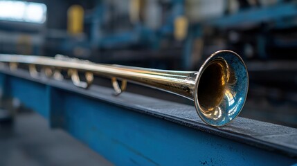 Fototapeta premium A shiny brass trumpet rests on a blue metal beam.