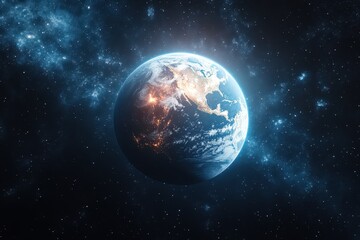 Obraz premium Vibrant view of Earth illuminated by cosmic light in the vastness of space