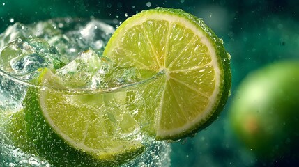 Refreshing Lime Slices Burst with Bubbles in a Sparkling Drink on a Vibrant Background