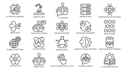 A collection of line icons depicting various AI concepts robots, chatbots, neural networks, chips, binary code, and more. Simple, modern style.