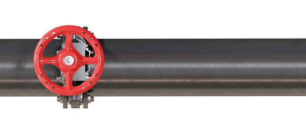 Fototapeta premium Side view of black horizontal pipe with control valve for fluid transportation. Isolated on transparent background. 3D illustration.