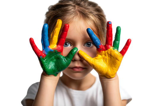 Cute girl with colorful painted hands