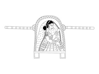 Beautifully hand-drawn vector of an Indian bride inside a palanquin, illustrated in folk art style. Ideal for cultural prints, wedding themes, and coloring book pages. Folk Art Indian Bride Sitting 