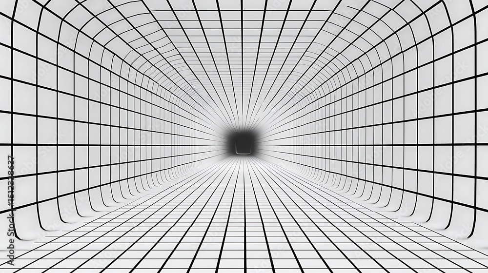 Poster a white tunnel with black grid lines converging towards a dark square at the end point