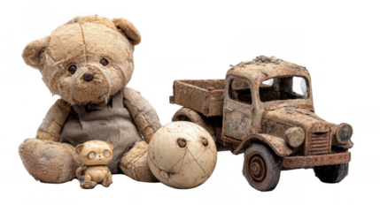 Old teddy bear, rusty toy truck, and worn ball capturing nostalgia and the passage of time, isolated on a transparent background for childhood memory projects
